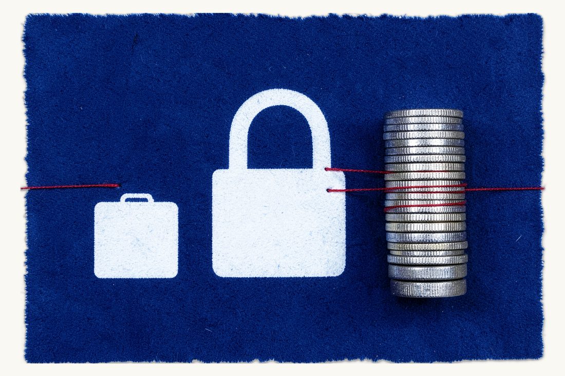 Restrictions on foreign-currency loans: a large padlock fastened by a red thread wound around a tall stack of silver coins, with a small suitcase beside it, cyanotype print