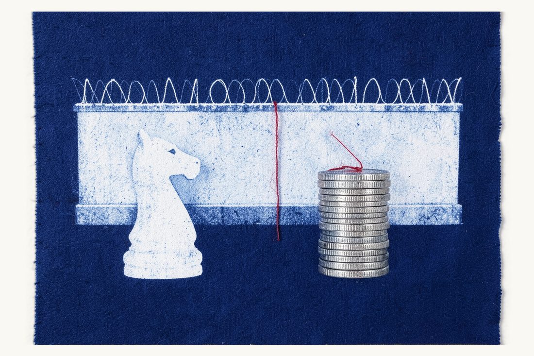Maltepe Prison and foreign nationals: a high wall topped with coiled wire, a red thread passing over it from a chess knight to a stack of silver coins, cyanotype print