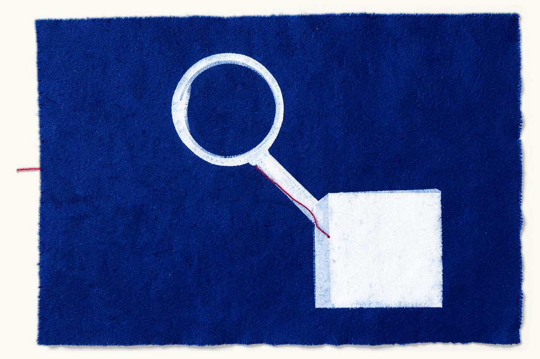 The medical report in a malpractice claim: a large magnifying glass over a scalpel, with a blank folded sheet of paper tied to the lens by a red thread, cyanotype print