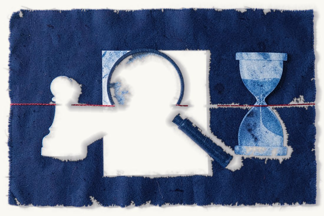 Thirty-day document inspection before a merger vote: a cyanotype print of a magnifying glass on blank papers, a white pawn, an hourglass and a red thread linking pawn and glass