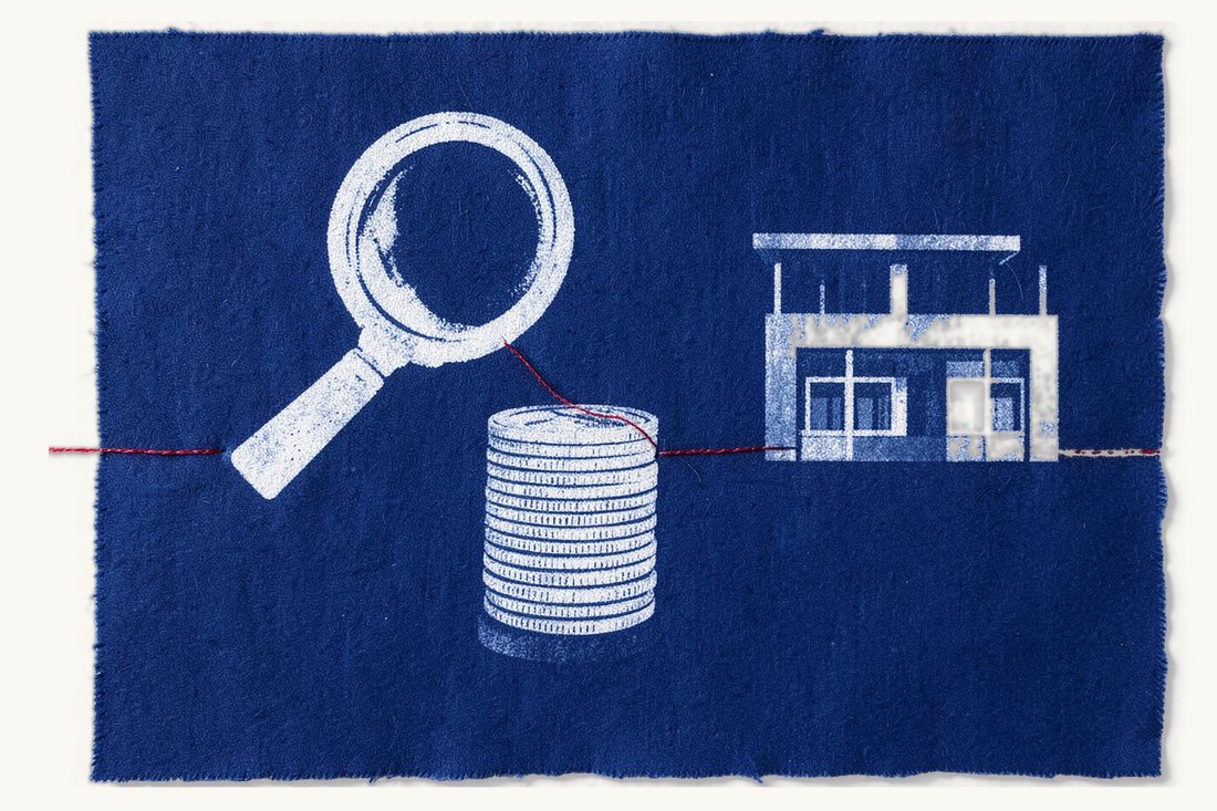 Money laundering and MASAK compliance in Türkiye: a large magnifying glass over a tall stack of coins seen edge-on, with a small office block behind linked by a red thread, cyanotype print