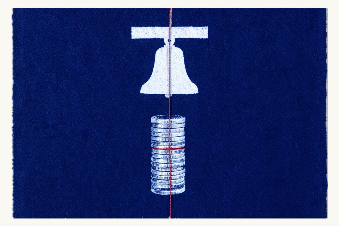Reporting suspicious transactions: a red thread wound around a stack of silver coins and pulled taut up to the clapper of a large bell above it, cyanotype print