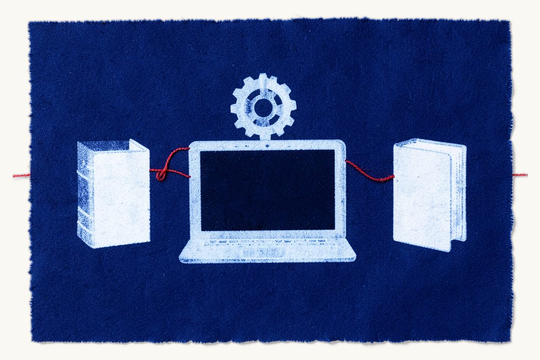AI regulation through existing laws: a large laptop with a dark blank screen and a gear wheel above it, a red thread looping to a thick antique book on each side, cyanotype print