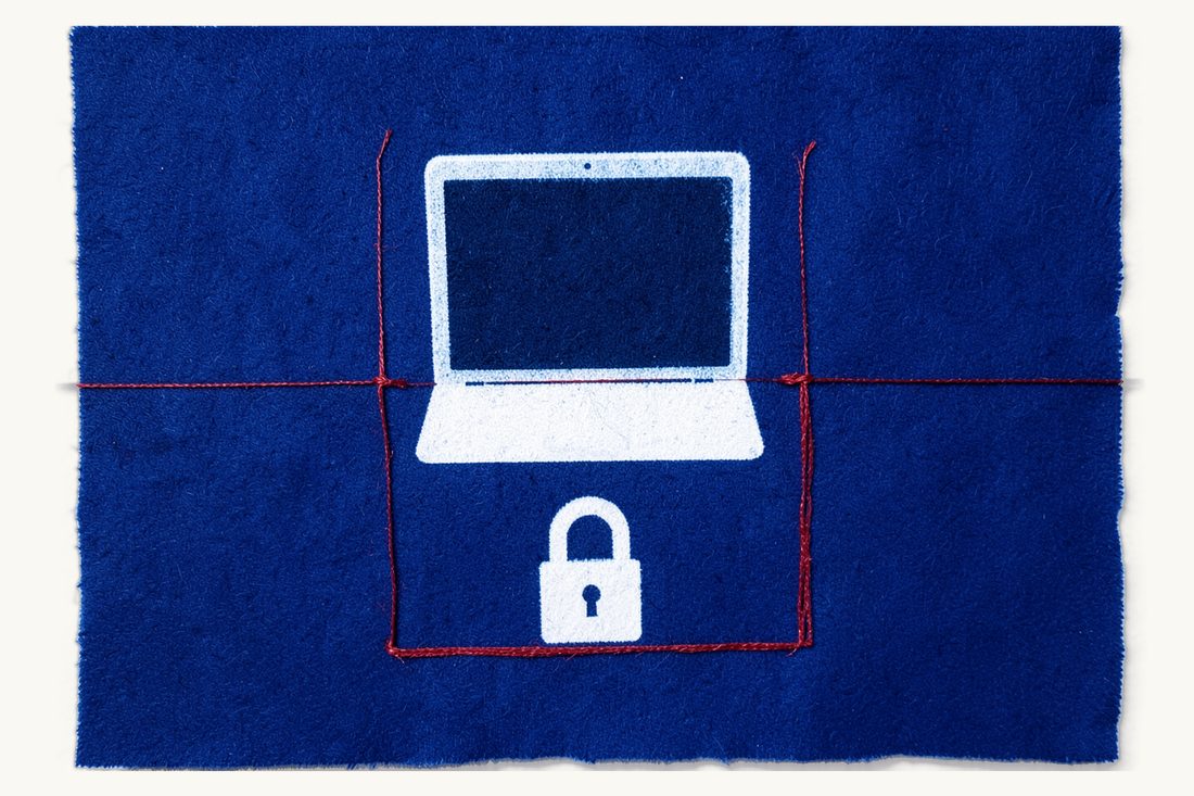 KVKK guide on generative AI and personal data: a large laptop with a dark screen and a padlock in front of it, enclosed by a red thread rectangle, cyanotype print