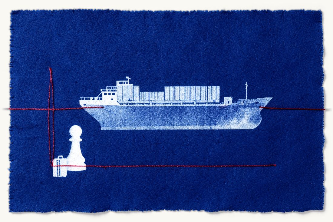 The scope of maritime law: a cargo ship carrying stacked containers and a pawn with a small suitcase, framed together by a long red thread rectangle, cyanotype print