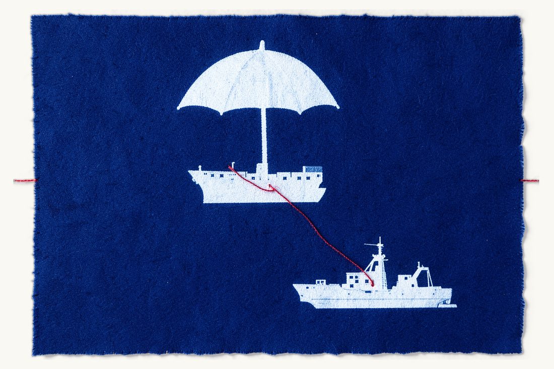 Marine insurance, salvage and general average: an open umbrella sheltering a cargo ship that a small tugboat tows on a taut red thread, cyanotype print