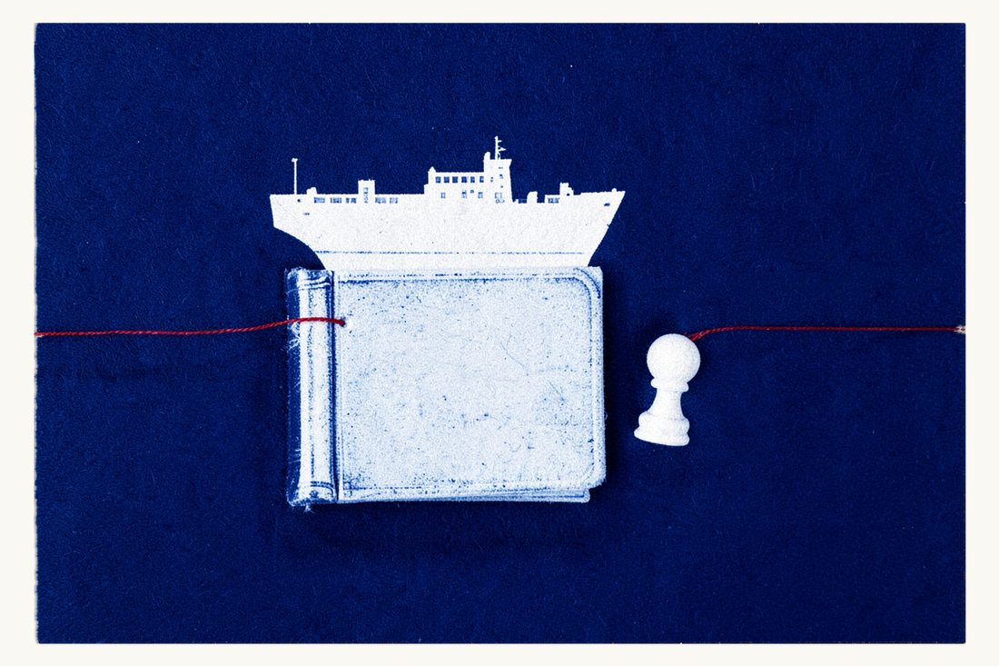 Turkish maritime law for foreign shipping companies: a large cargo ship resting on a thick antique book, a chess pawn beside it tied to the ship's bow by a red thread
