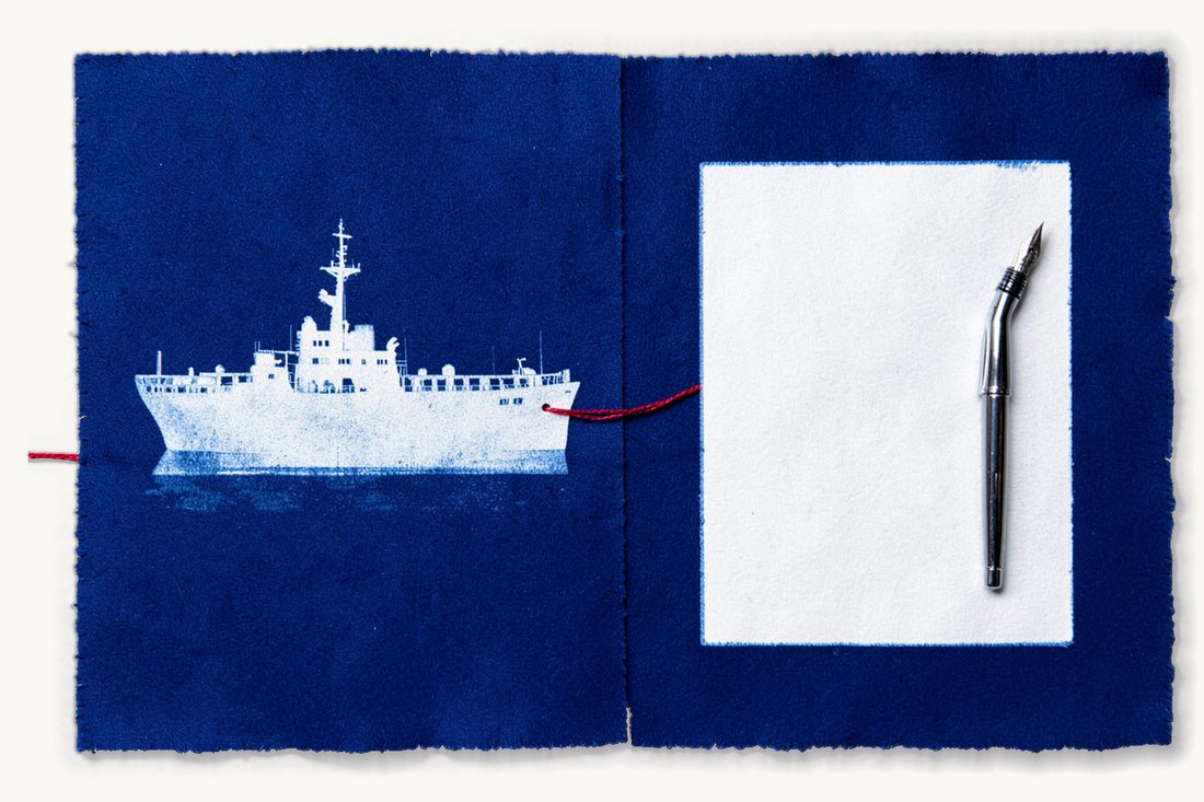 Charterparties for hiring a ship: a large cargo ship beside a blank sheet of paper with a fountain pen on it, joined by a red thread