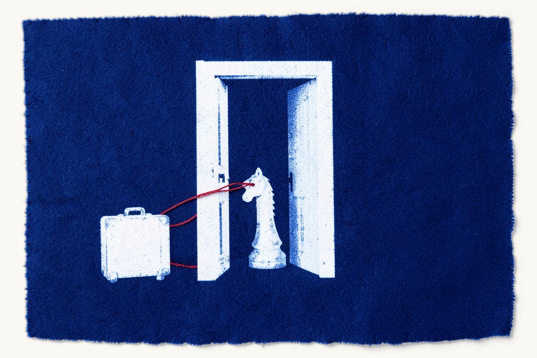 Whether a foreign or in-house counsel qualifies: a chess knight standing inside a half-open door, a small suitcase kept outside by a red thread, cyanotype print