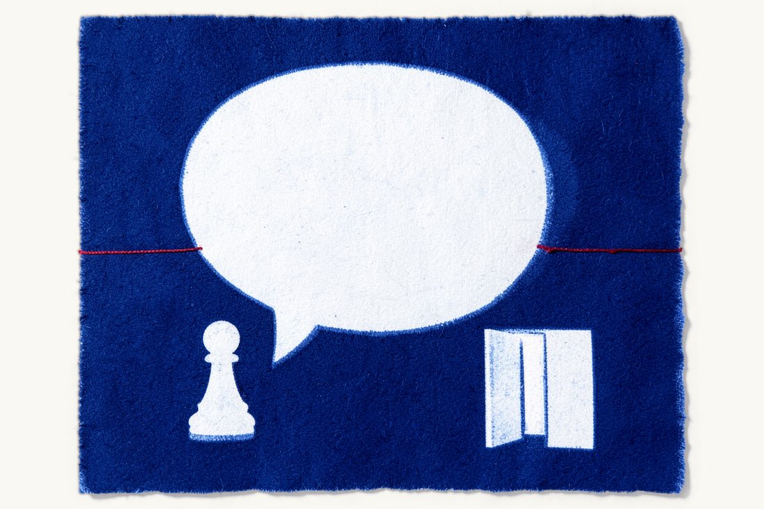 The Turkish-language requirement for foreign doctors: a large empty speech bubble with a red thread running through it from a chess pawn to a half-open door, cyanotype print