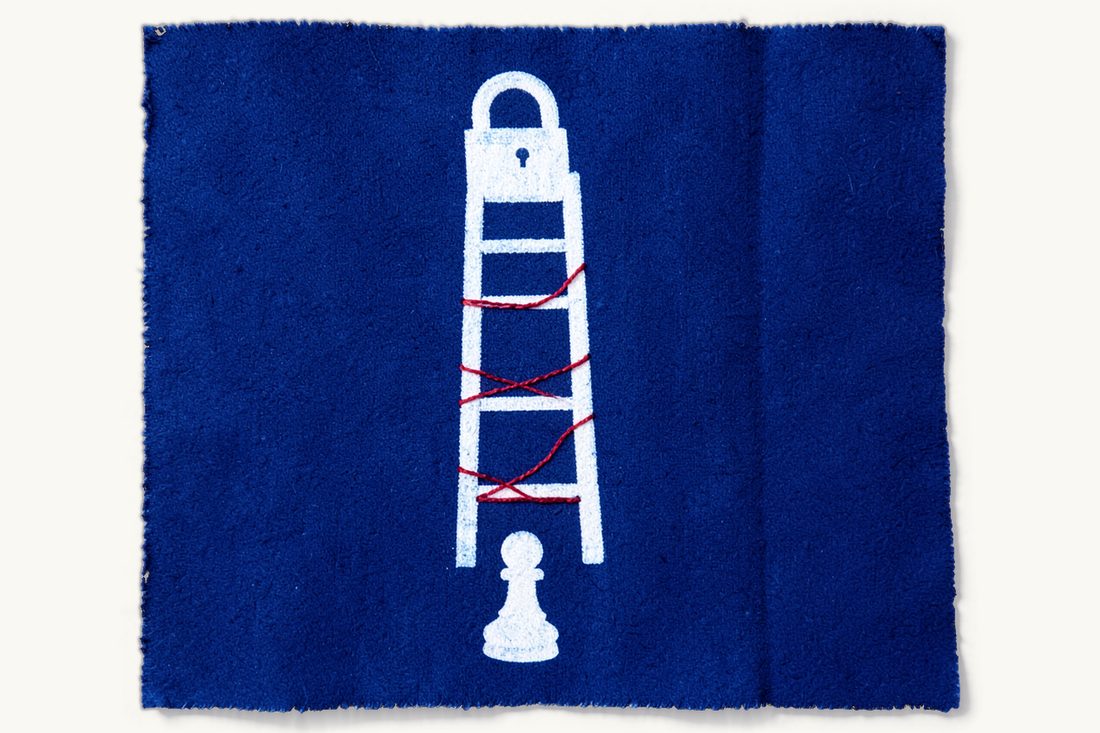 Practical steps in order for opening the account: a tall ladder with a red thread zigzagging up every rung from a small pawn at the foot to an open padlock at the top, cyanotype print