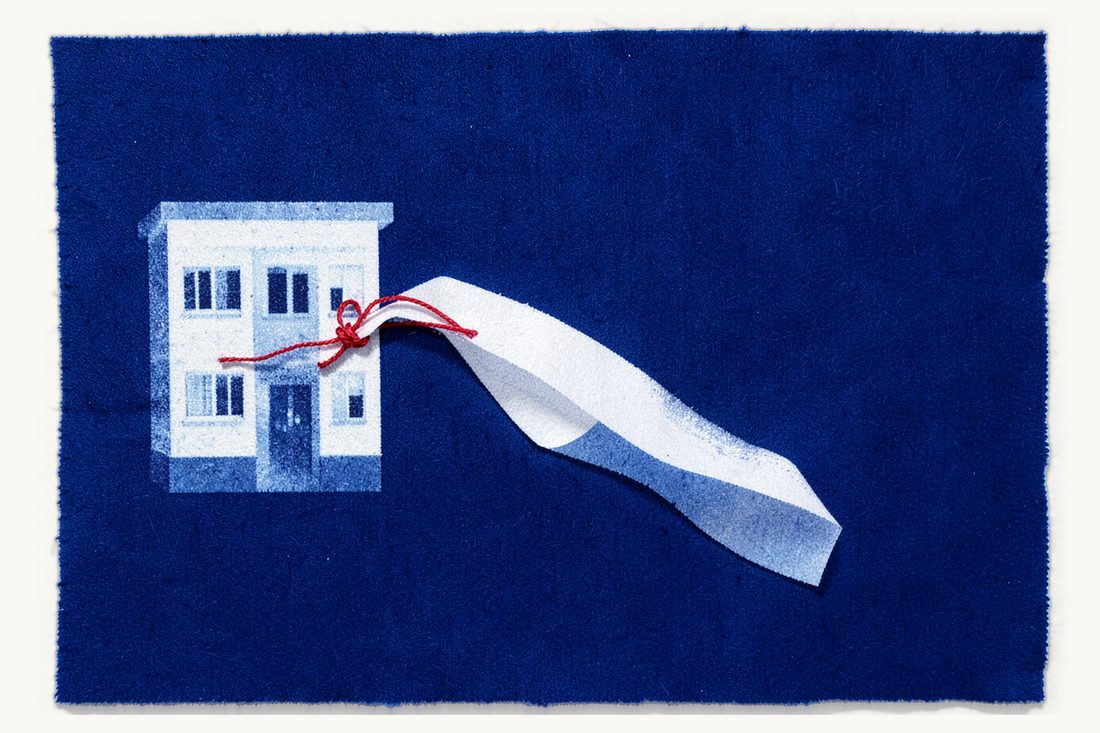 Annual property tax on a home in Türkiye: a long blank receipt strip curling out from under the entrance of a small apartment block, its loose end knotted with red thread, cyanotype print