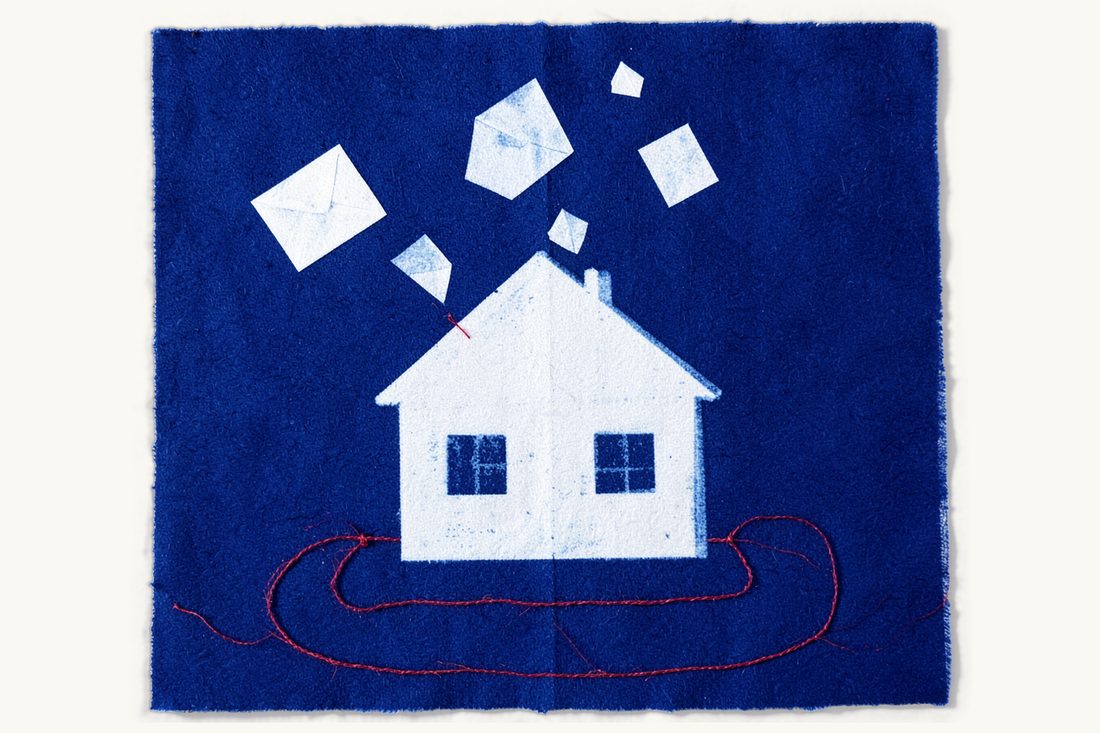 Yearly costs for a foreign owner of Turkish property: plain envelopes falling like leaves onto the roof of a house, circled by a closed loop of red thread, cyanotype print