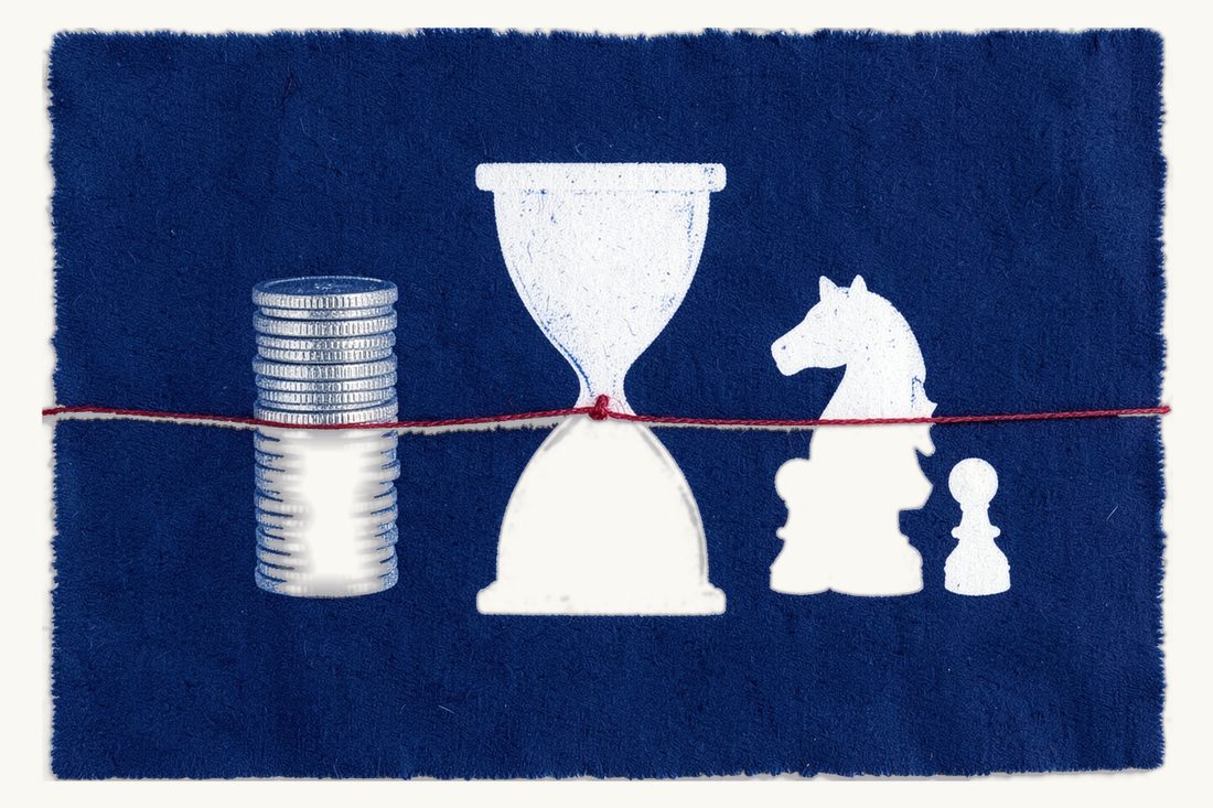 Costs, timing and the team for a public offering: a large hourglass between a tall stack of silver coins and a chess knight with two pawns, joined by a red thread, cyanotype print