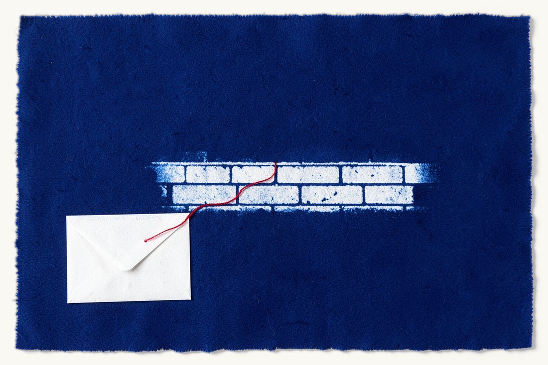 Public policy as a ground to refuse a foreign judgment: a solid brick wall, with a red thread tracing a closed envelope's path up to it and sharply back again, cyanotype print