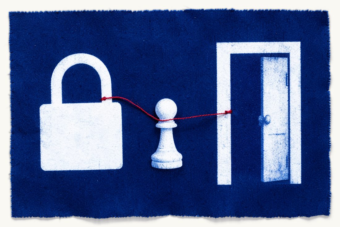 Administrative detention and its alternatives for foreigners facing removal: a large closed padlock, a half-open door, a pawn between them with a slack red thread, cyanotype print
