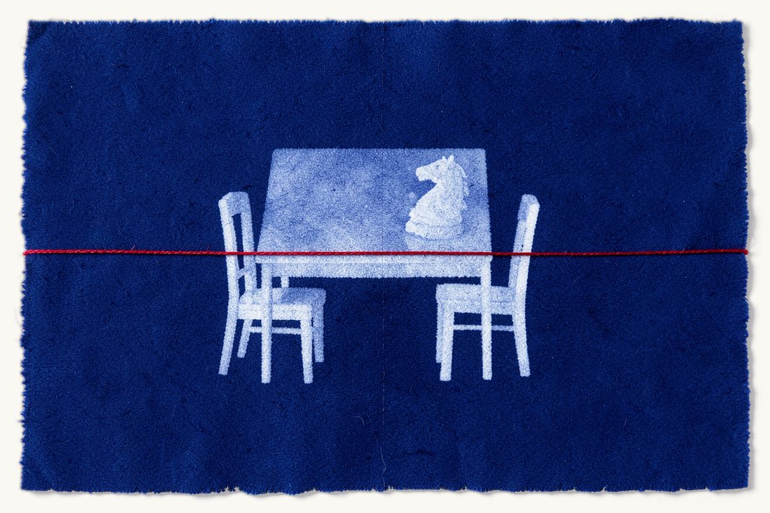 Mandatory mediation before labour lawsuits: two empty chairs facing each other across a small table, joined by a red thread, a chess knight standing between them, cyanotype print