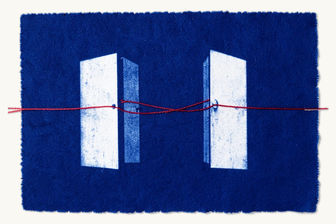 Reciprocity in recognition and enforcement of foreign judgments: two mirror-image half-open doors facing each other, a closed oval loop of red thread passing through both doorways, cyanotype print