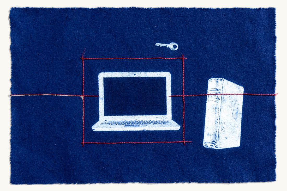 Regulation of crypto platforms in Turkey: a large laptop inside a red thread frame, an old key resting on the frame and an antique book beside it, cyanotype print