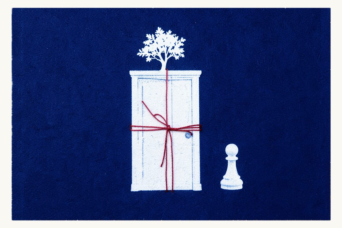 Renouncing an inheritance as a foreign heir: a tall closed door tied shut with red thread, a small tree behind it and a chess pawn standing apart outside