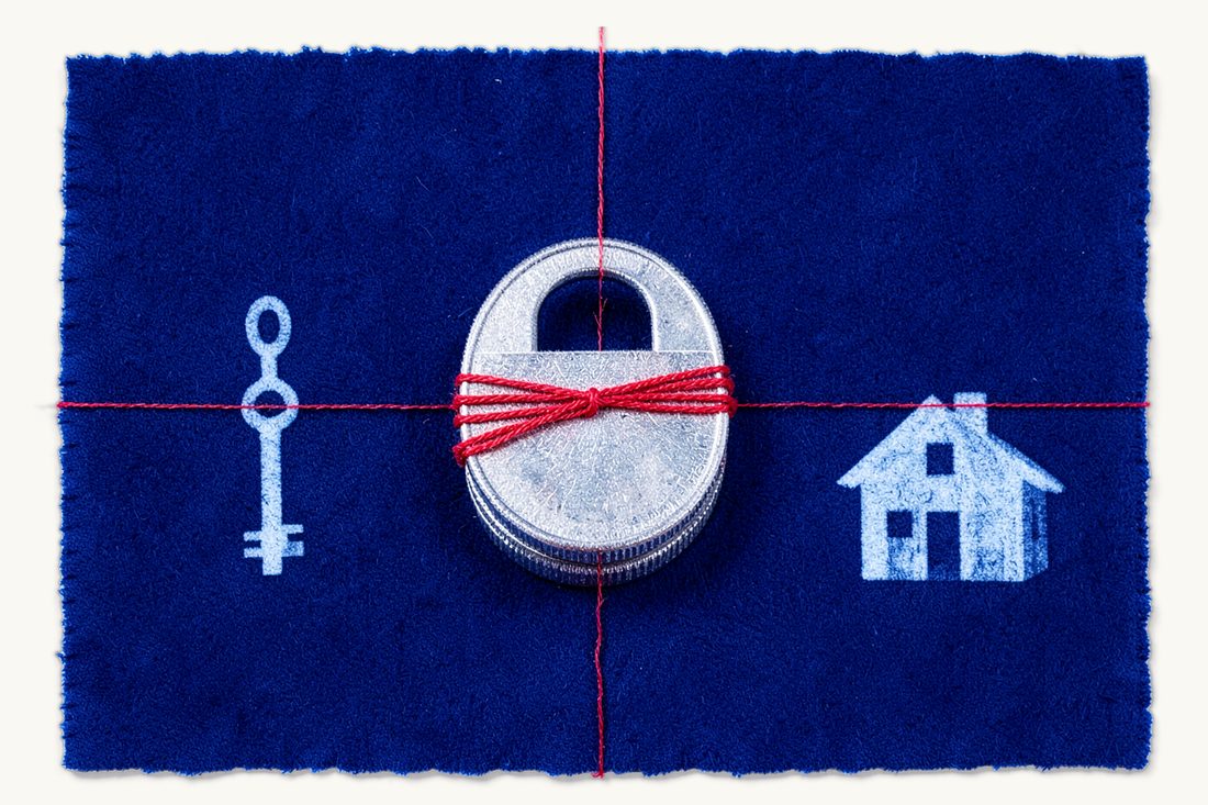 Rental security deposit and foreign-currency rent: a large stack of silver coins bound with red thread and a padlock, an old key on the left, a small house on the right, cyanotype print