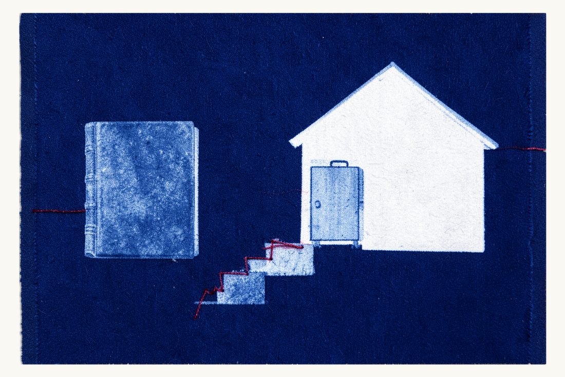 How a landlord can lawfully evict a tenant: a thick book at the left, a red thread climbing three steps to the door of a large house, a small suitcase outside the door, cyanotype print