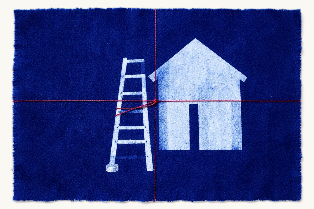 Annual rent increase limit: a ladder leaning on a house, a red thread tied at a middle rung as a cap, and a small coin stack at the foot, cyanotype print