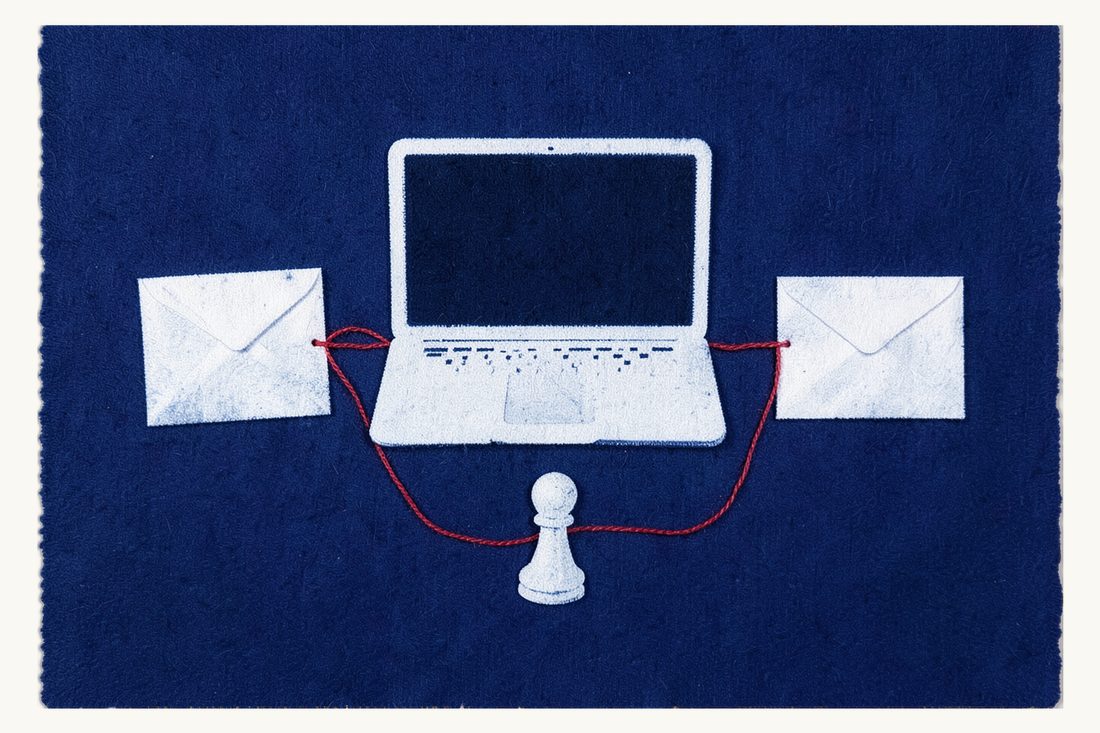 Responding to data subject requests under KVKK: a laptop with a dark blank screen between two closed envelopes and a chess pawn, one red thread closing a full loop, cyanotype print