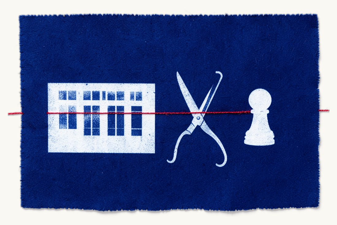 How below-market share issues shift value away from minority shareholders: a large office block and a chess pawn, the red thread between them cut by open scissors, cyanotype print