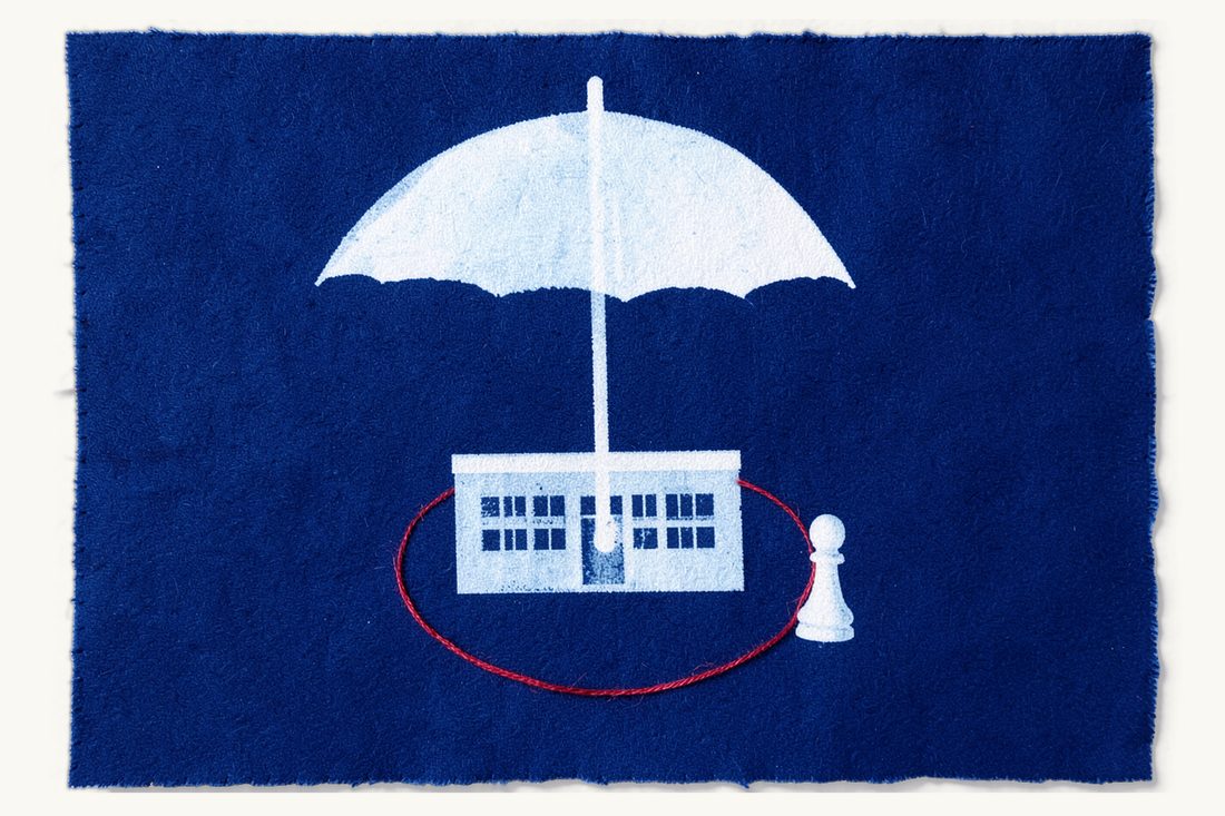 Seller warranties in Turkish M&A: a large open umbrella over an office block, a closed red thread circle on the ground around the block and a small chess pawn outside it, cyanotype print