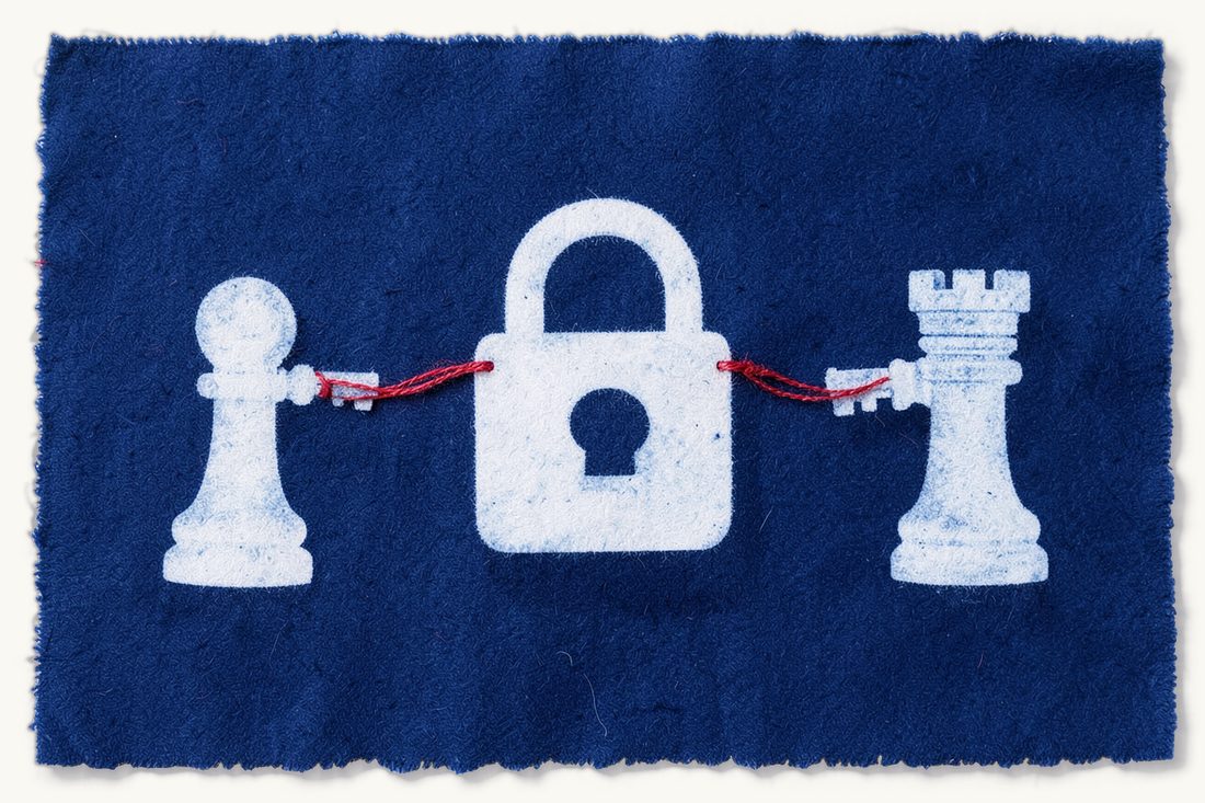 Escrow in Turkish M&A: a padlocked stack of coins with two old keys, each tied by red thread to a different chess piece, cyanotype print