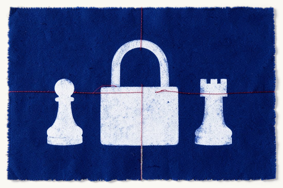 Share transfer restrictions in Turkish joint-stock companies: a large padlock hanging open, a small chess pawn at the left and a chess rook at the right, with a red thread running through the open shackle from one to the other, cyanotype print