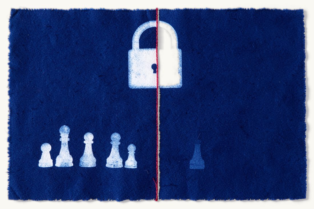 Share transfer restrictions in Turkish joint-stock companies: a large padlock above a red vertical line that divides a wide left part with three small chess pawns from a narrow right part with one pawn, cyanotype print