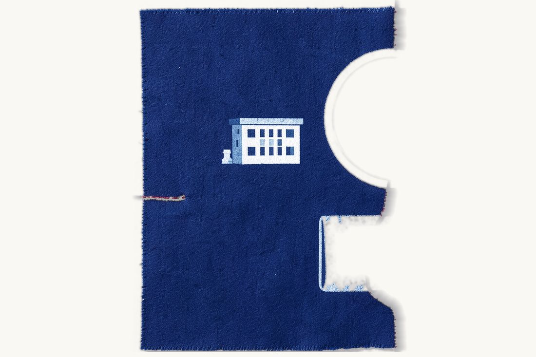 Shareholder information rights in Turkey: a large magnifying glass over a document folder, a small office block behind and a pawn at the side, a red thread through the lens to the folder, cyanotype print