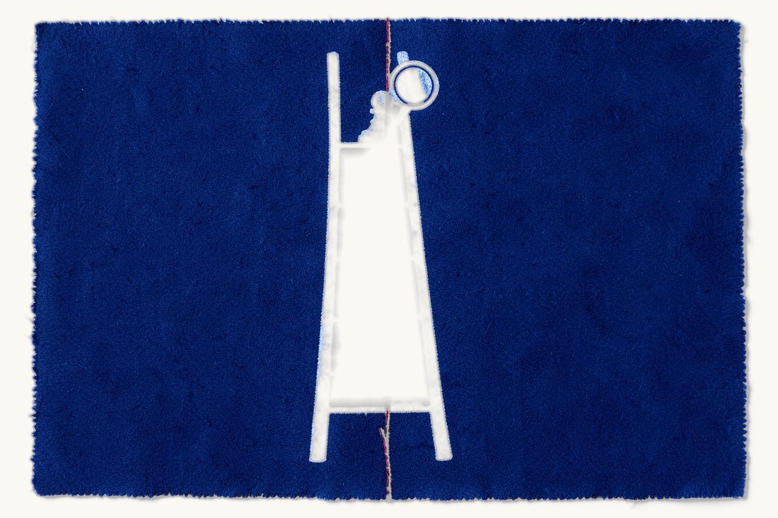 Special audit request in Turkey: a ladder with a folded sheet on its lowest rung and a magnifying glass on the top rung, a red thread climbing from a pawn at the foot, cyanotype print