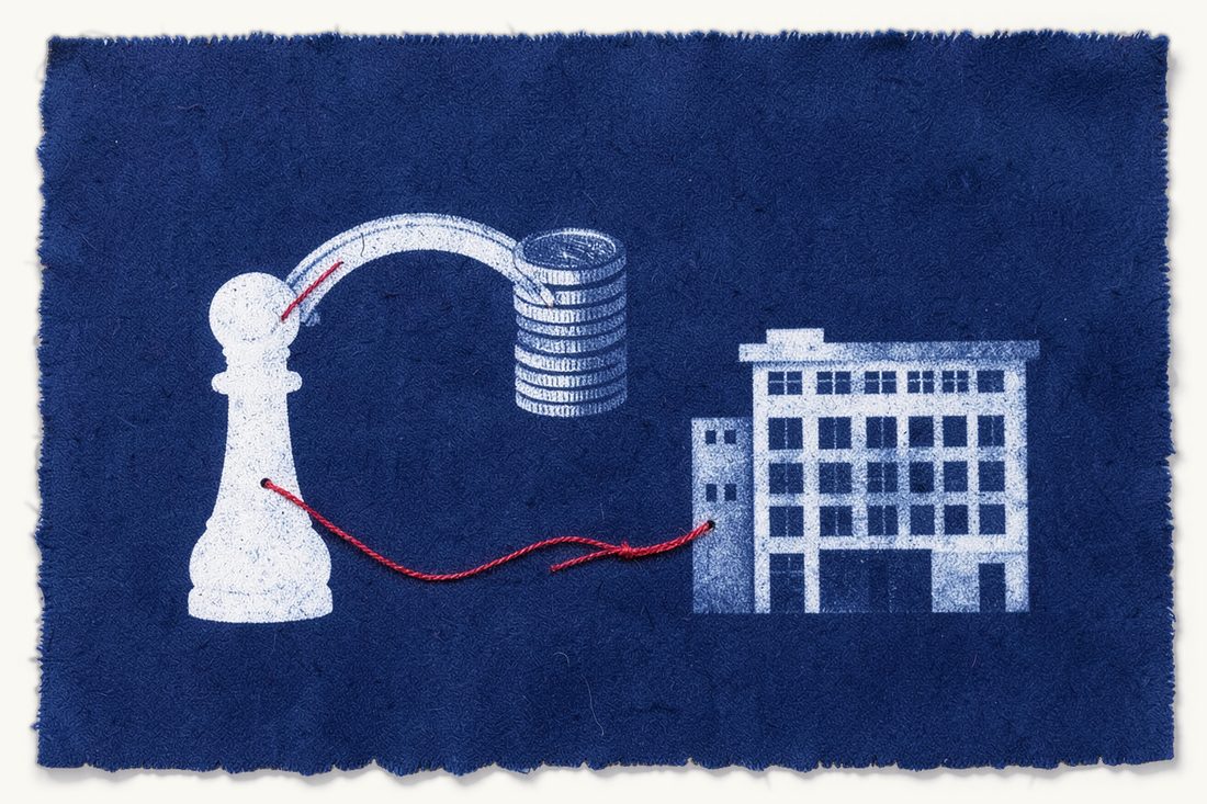 Financing a Turkish subsidiary: equity or shareholder loan: a pawn whose red thread loops over a bridge to a coin stack, another thread knotted at an office block, cyanotype print