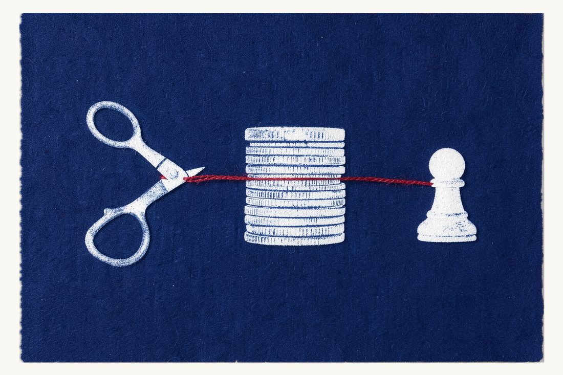 Choosing between bank debt, a shareholder loan and a debt-to-equity swap: open scissors cutting the thread between coins and an office block, another thread unbroken to a pawn, cyanotype print