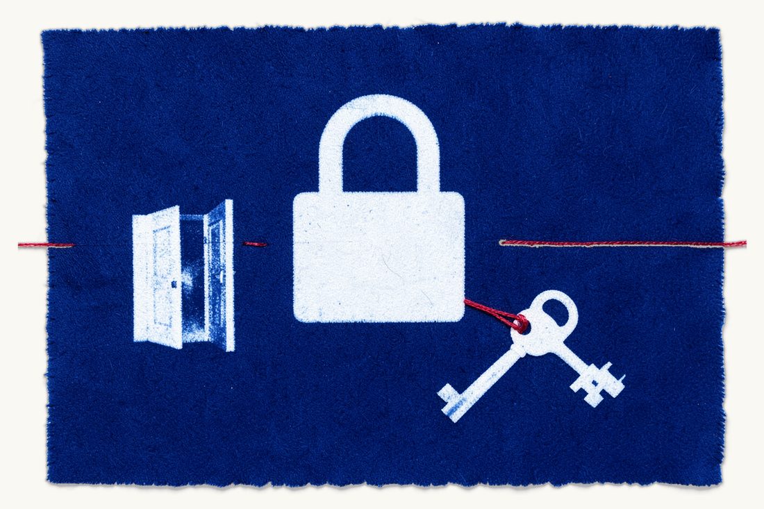 Share transfers and lock-up between company partners: a large closed padlock tied by a red thread to an old key, with a small half-open door beside them