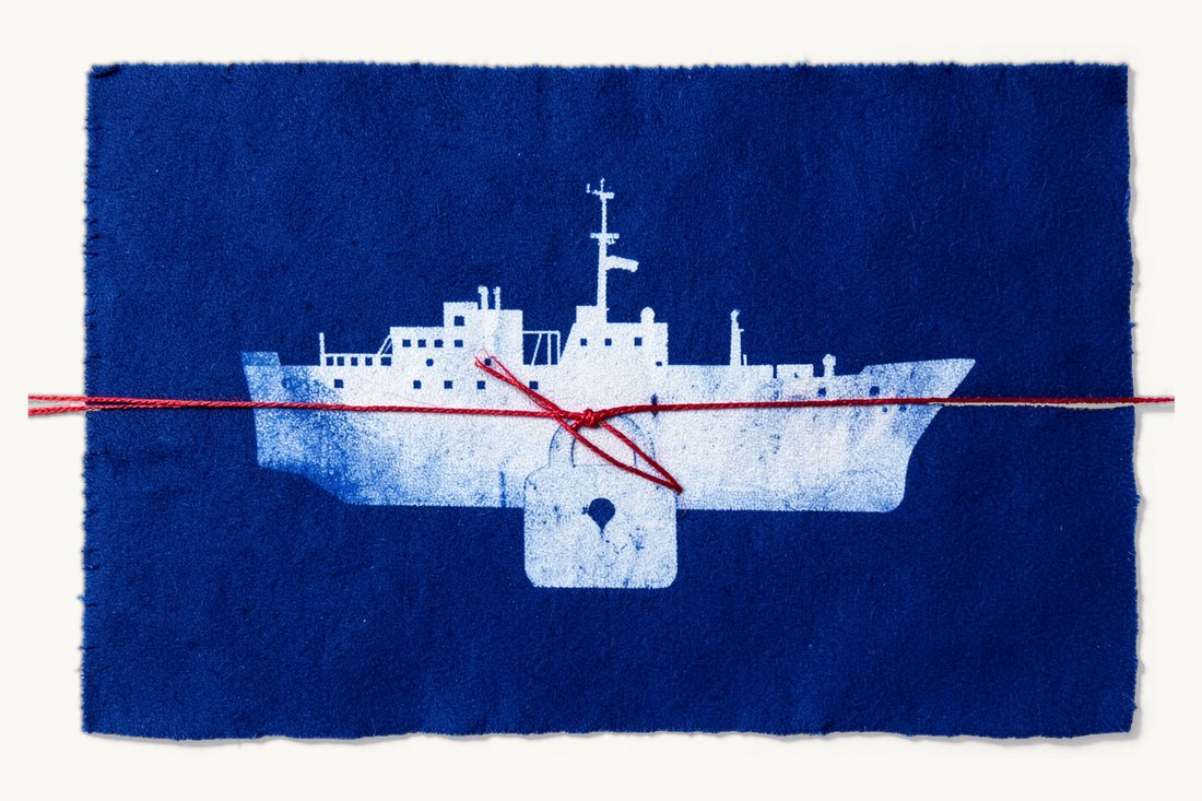Ship arrest and maritime liens: a very large cargo ship with a padlock at its hull, bound by several turns of red thread drawn through the padlock, cyanotype print