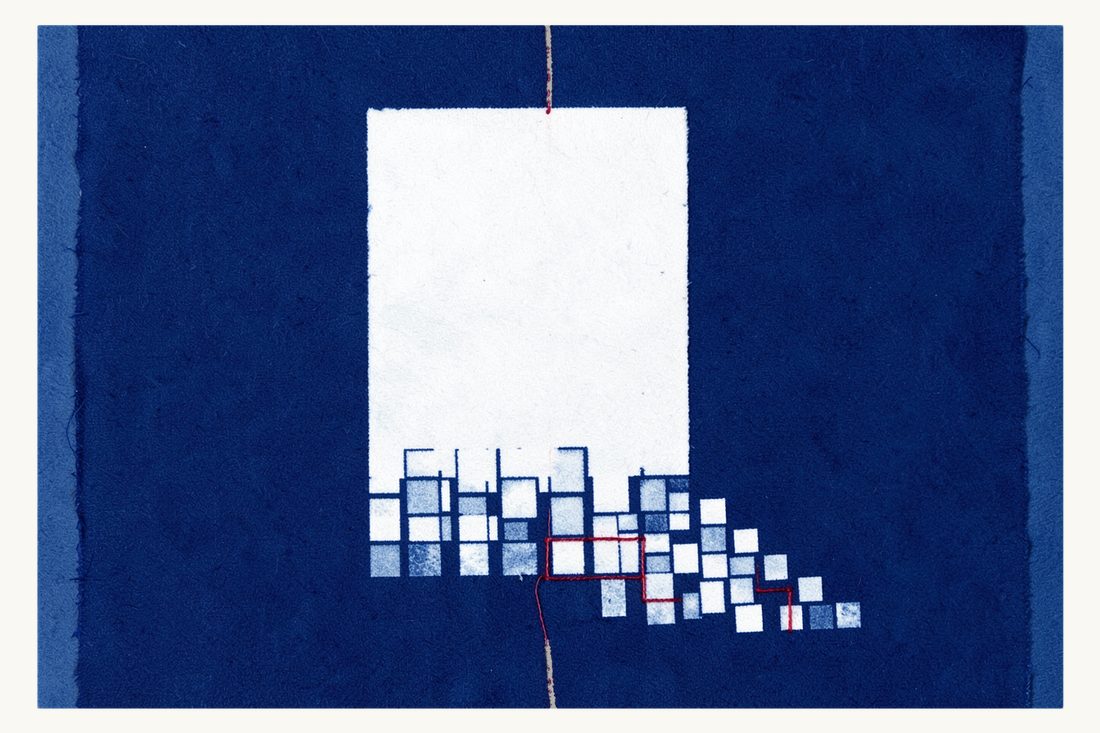 Smart contracts under Turkish law: a large blank sheet whose lower half breaks into small square pixel blocks, a red thread running through them in a stepped line, cyanotype print