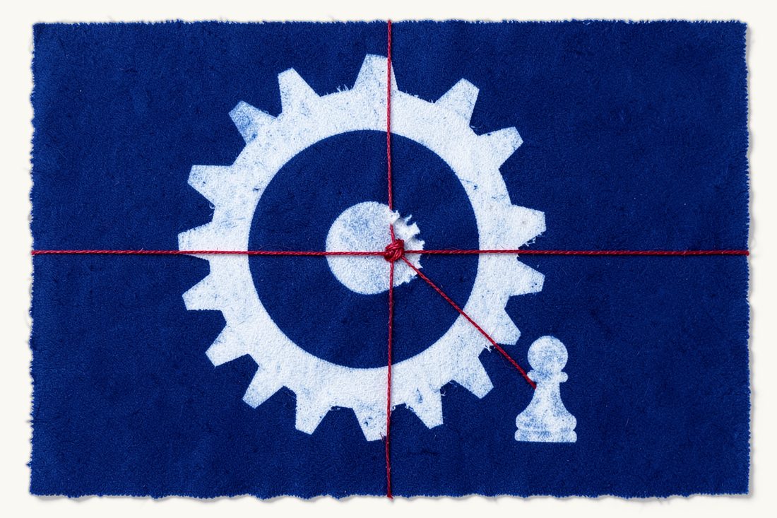 The grounds for a squeeze-out in Türkiye: a large gear wheel with a missing tooth wrapped by a red thread knotted at the gap, a chess pawn beside it, cyanotype print