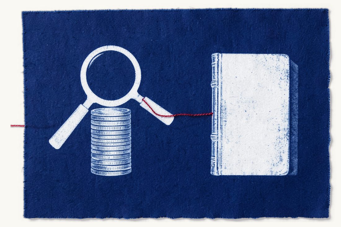 Tax audits and disputes for foreign companies: a large magnifying glass over a tall coin stack, with a red thread running from the stack to a thick antique book, cyanotype print