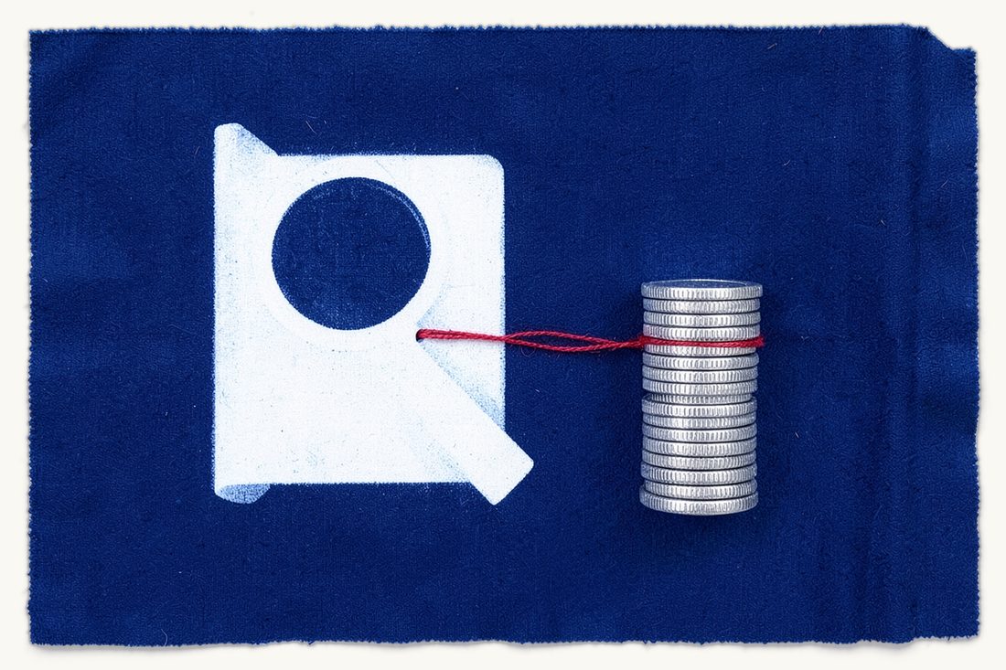Tax evasion and tax crimes for foreign businesses in Türkiye: a large magnifying glass over a document folder, a tall ridged stack of silver coins knotted to it by a red thread, cyanotype print