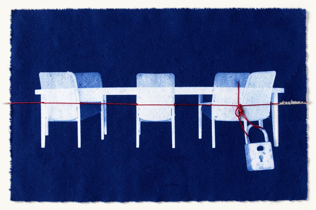 Personal civil and criminal liability of board members: a long boardroom table with five empty chairs bound together by red thread that leads to a closed padlock, cyanotype print
