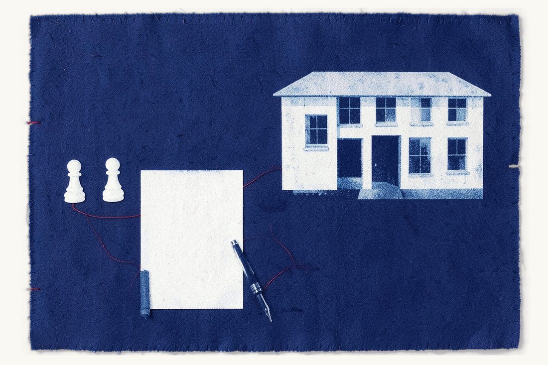 Hiring employees in Turkey: three small chess pawns in a row on the left, a large office building with an open door, and a blank sheet with a fountain pen before it, cyanotype print