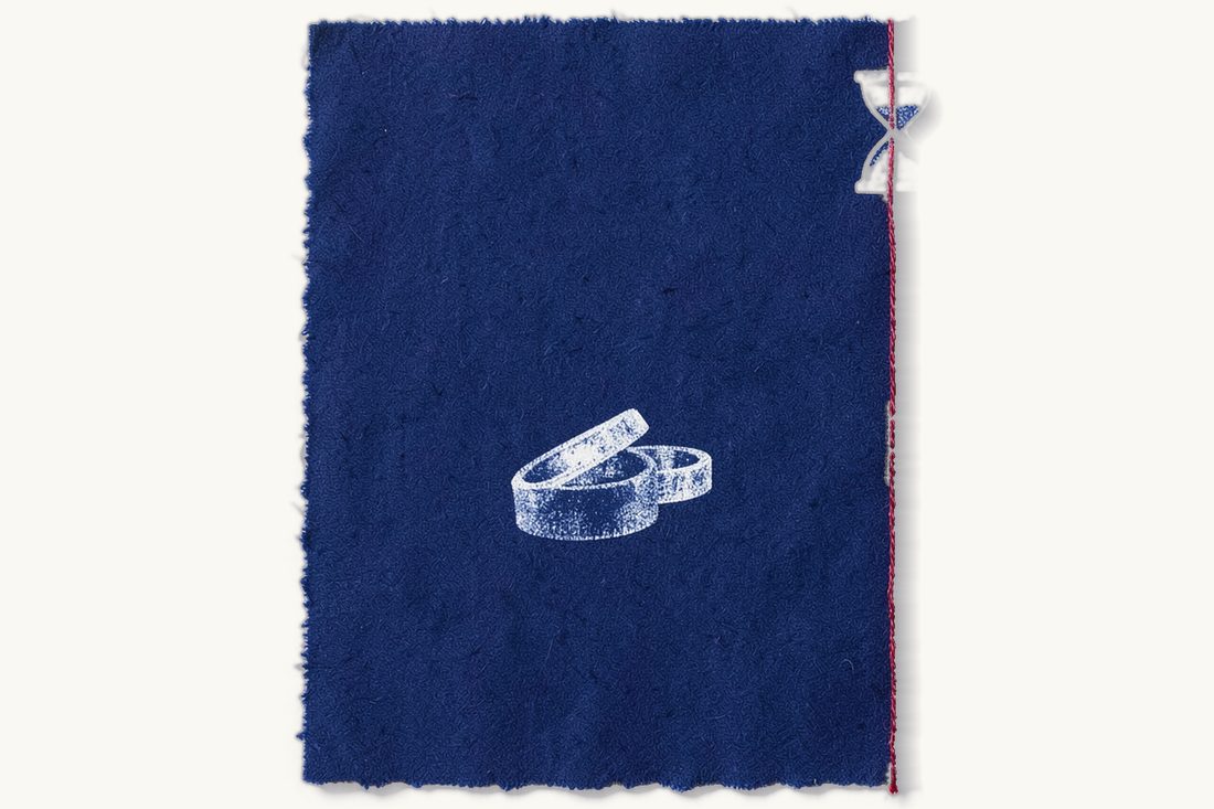 Turkish marital property regimes before and after 2002: a red thread line under a small hourglass, two rings apart on separate coin stacks left, two linked rings on one stack right, cyanotype print