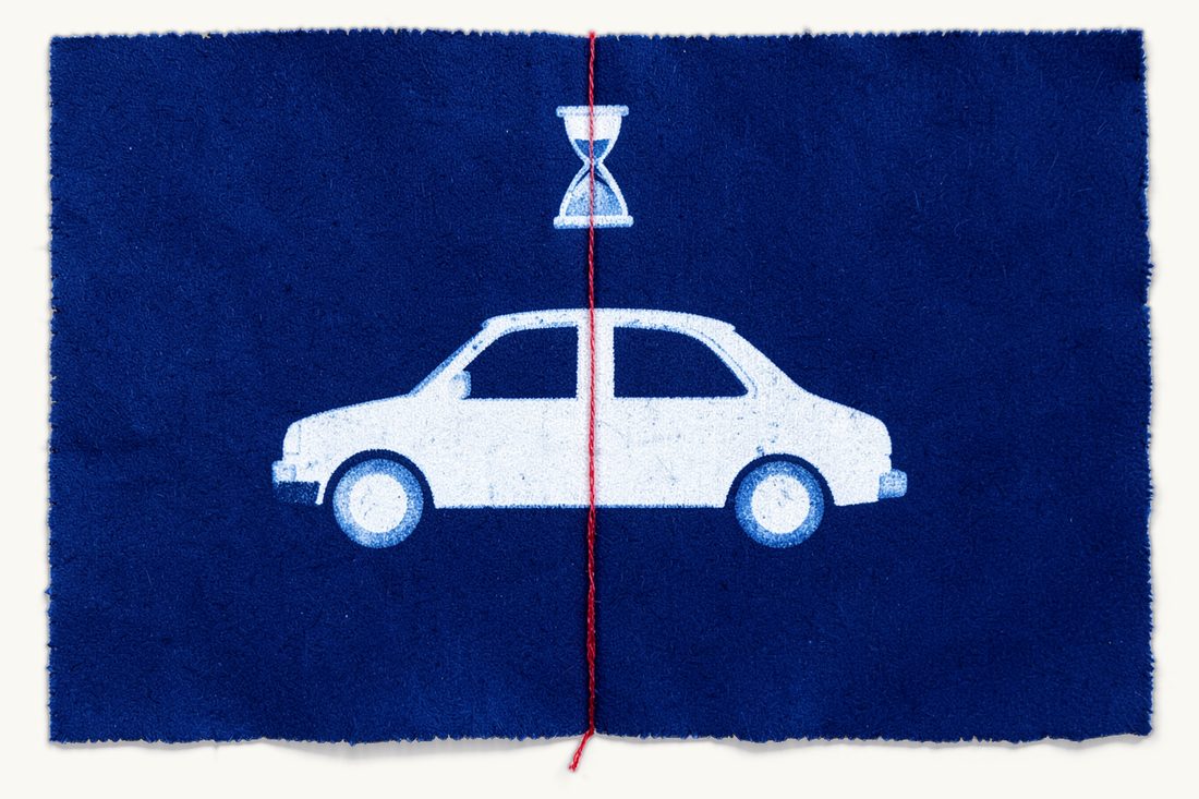 Assets acquired across both marital property periods: a large car straddling a vertical red thread line, half on each side, a small hourglass at the top, cyanotype print
