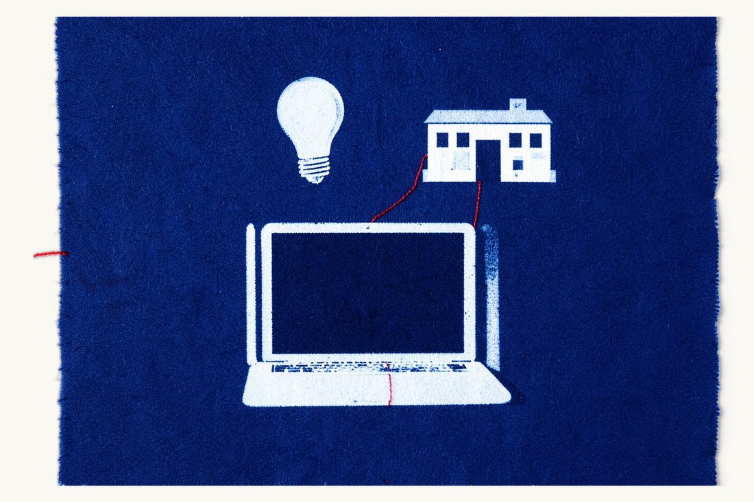 Artificial intelligence and corporate law in Türkiye: a very large laptop with a dark screen and a lightbulb above it, joined by red thread to a small office block, cyanotype print