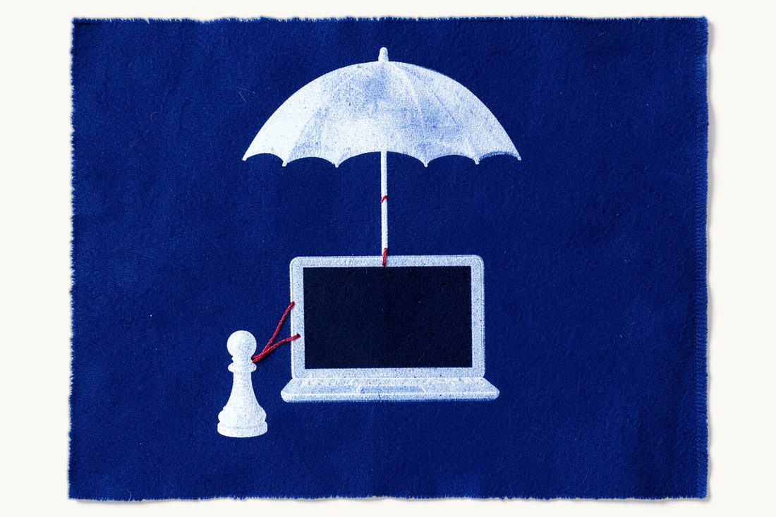 Corporate duties when using artificial intelligence: an open umbrella over a laptop with a dark screen, a red thread running out from under it to a chess pawn, cyanotype print