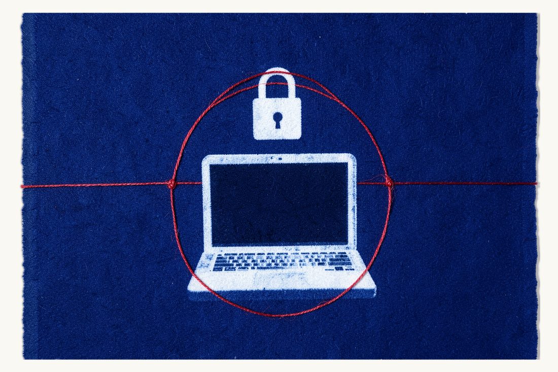 Cybersecurity Law No. 7545 in Türkiye: a large laptop with a blank screen and a closed padlock above it, both enclosed in one red thread circle, cyanotype print